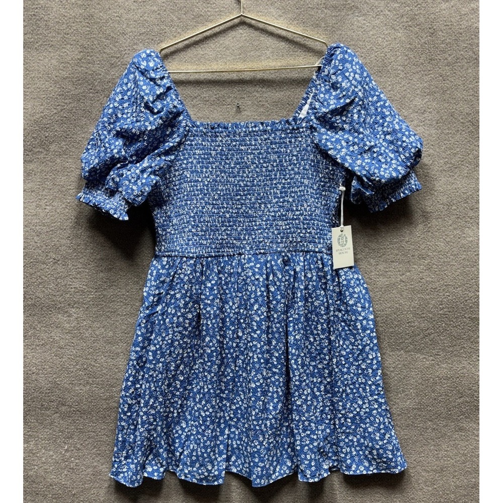 NEW Hyacinth House Blue Ditsy Floral Mini Dress Size Large Smocked Puff Sleeve